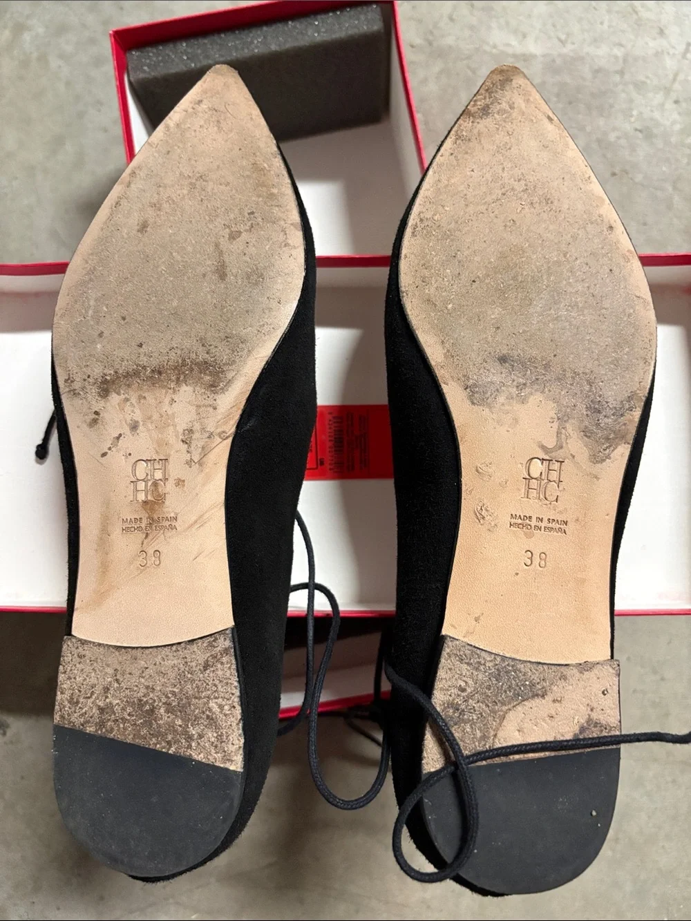 Carolina Herrera Black Suede Lace-Up Pointed Toe Flats with Red Insole
